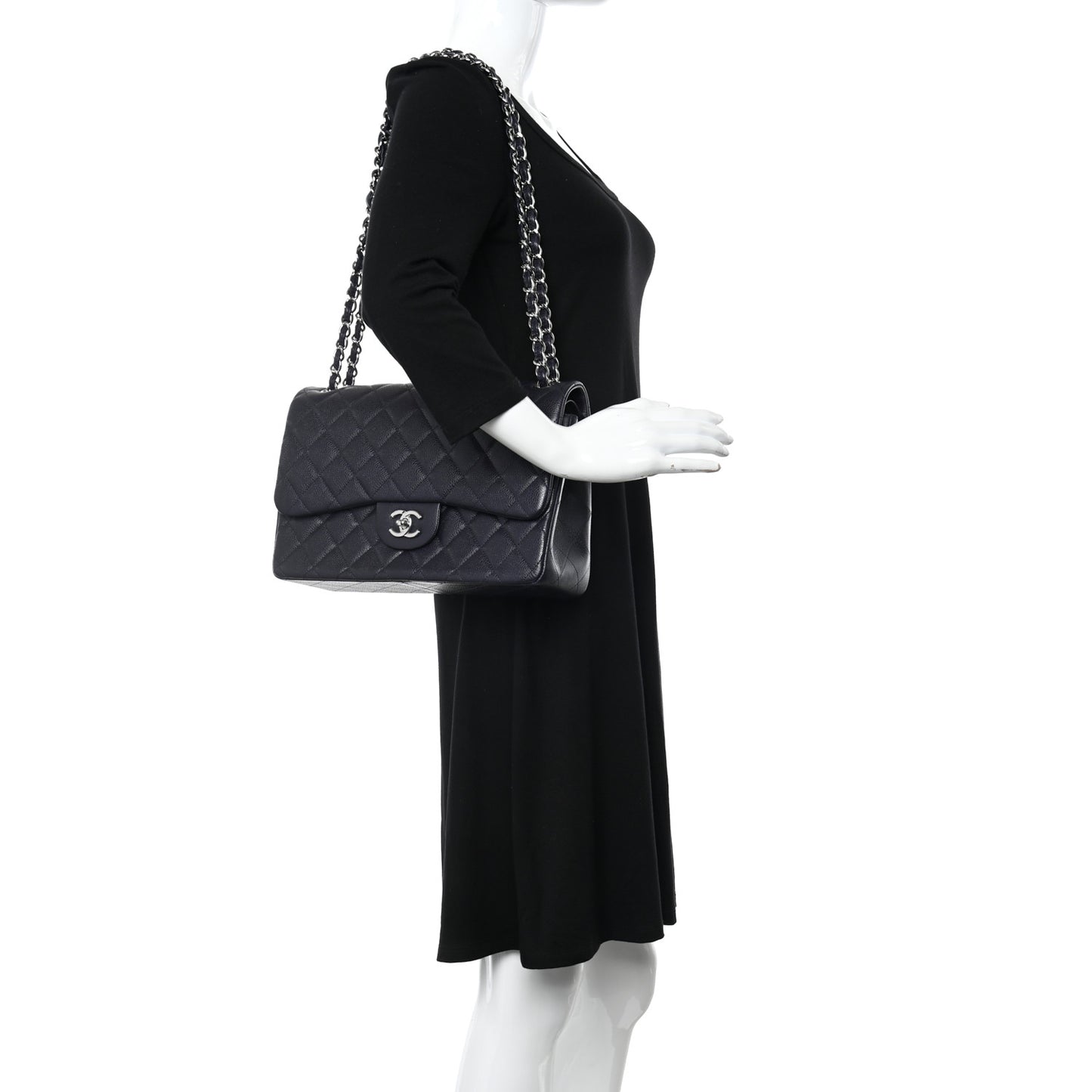 Caviar Quilted Jumbo Double Flap Navy Blue