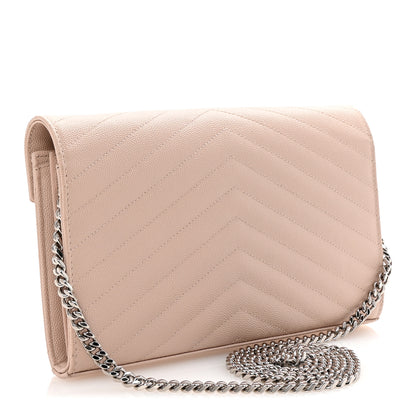 Saint Laurent Grain De Poudre Matelasse Chevron Monogram Chain Wallet Marble Pink 3 of 9