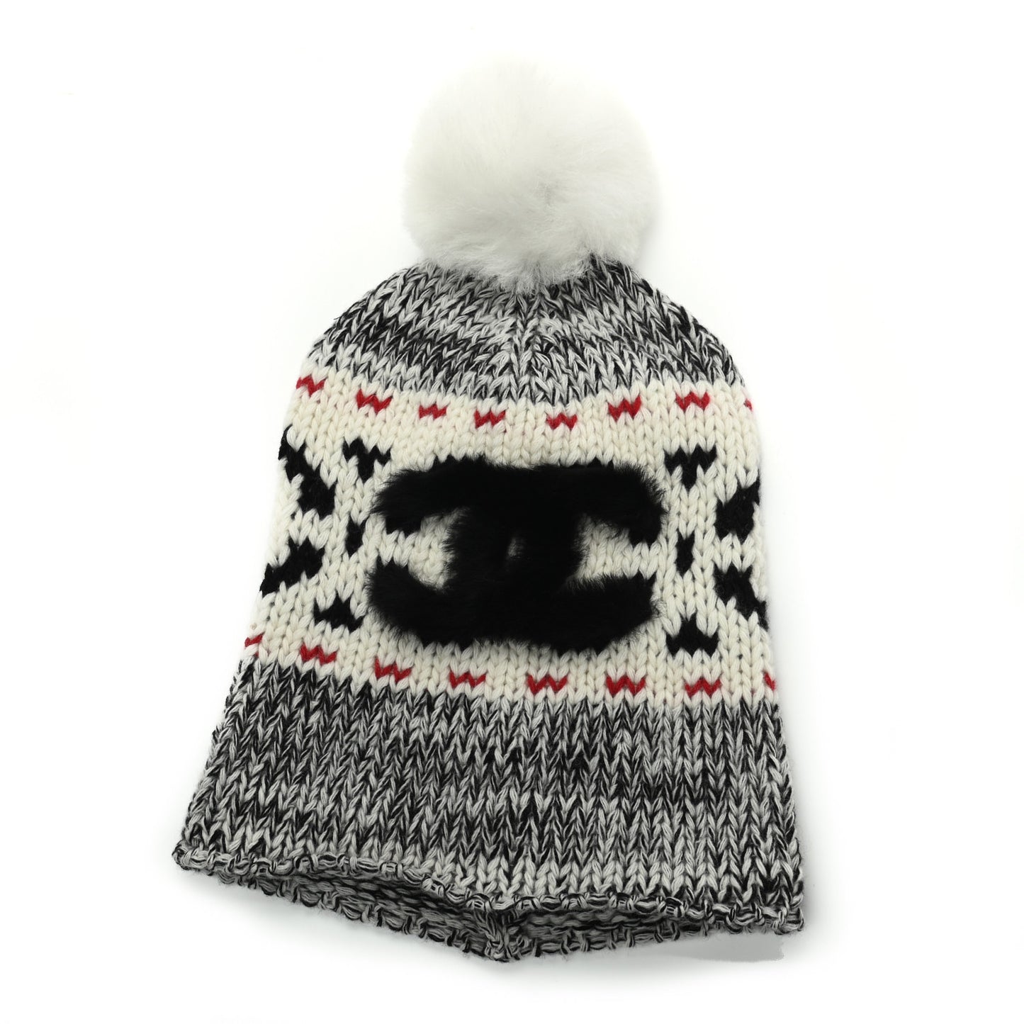Wool Shearling CC Beanie Hat Ivory Black Red
