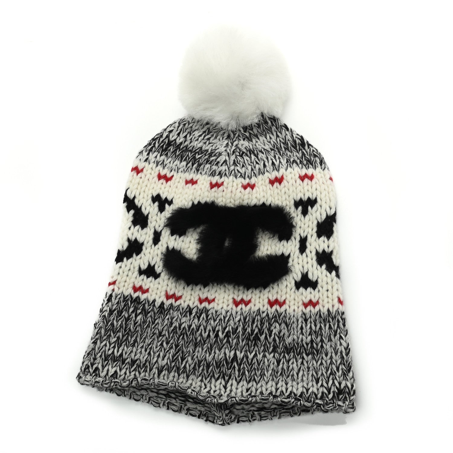 Chanel Wool Shearling CC Beanie Hat Ivory Black Red 1 of 5