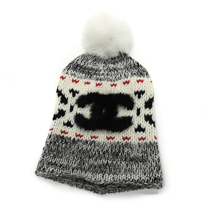 Chanel Wool Shearling CC Beanie Hat Ivory Black Red 1 of 5