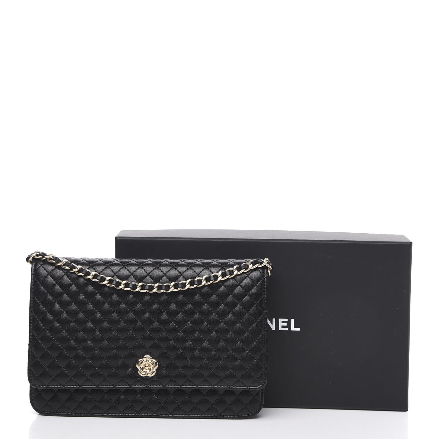Lambskin Quilted Camellia Wallet On Chain WOC Black
