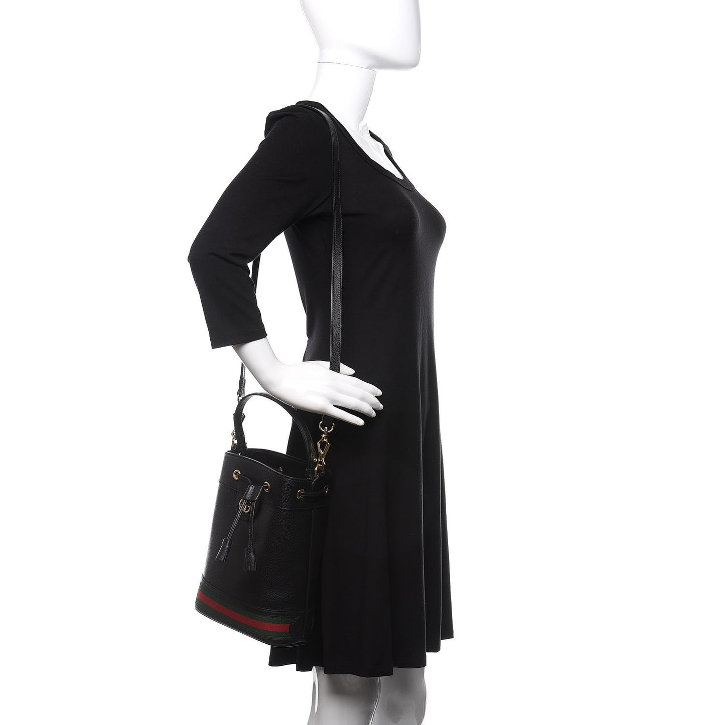 Glazed Textured Calfskin Web Small Ophidia Bucket Bag Black
