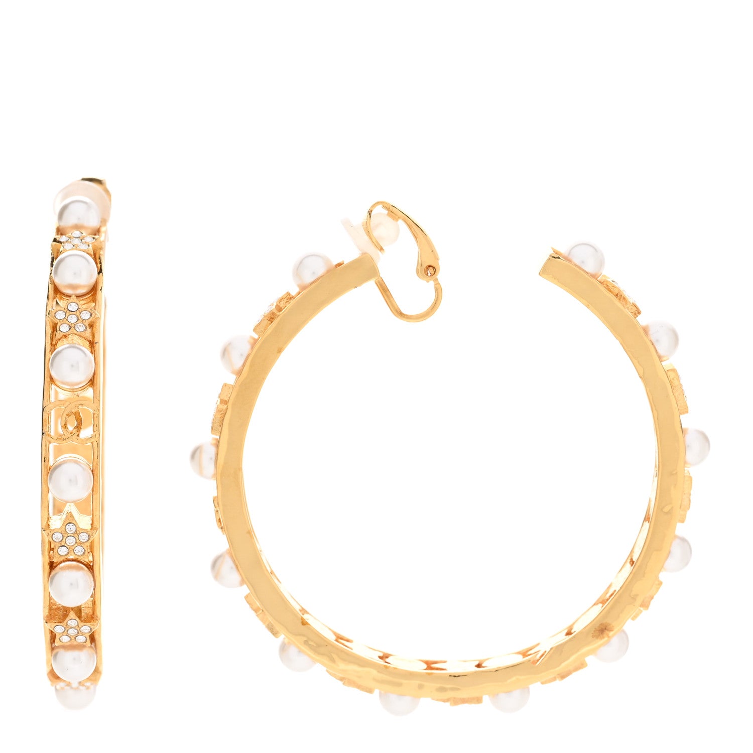 Chanel Crystal Pearl CC Hoop Earrings Gold Pearly White 1 of 5