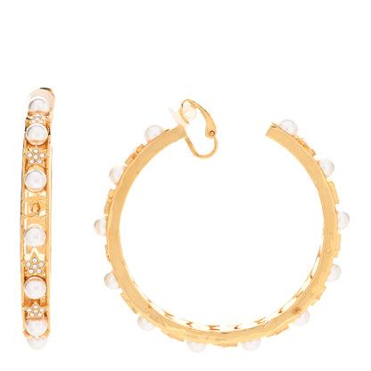 Chanel Crystal Pearl CC Hoop Earrings Gold Pearly White 1 of 5