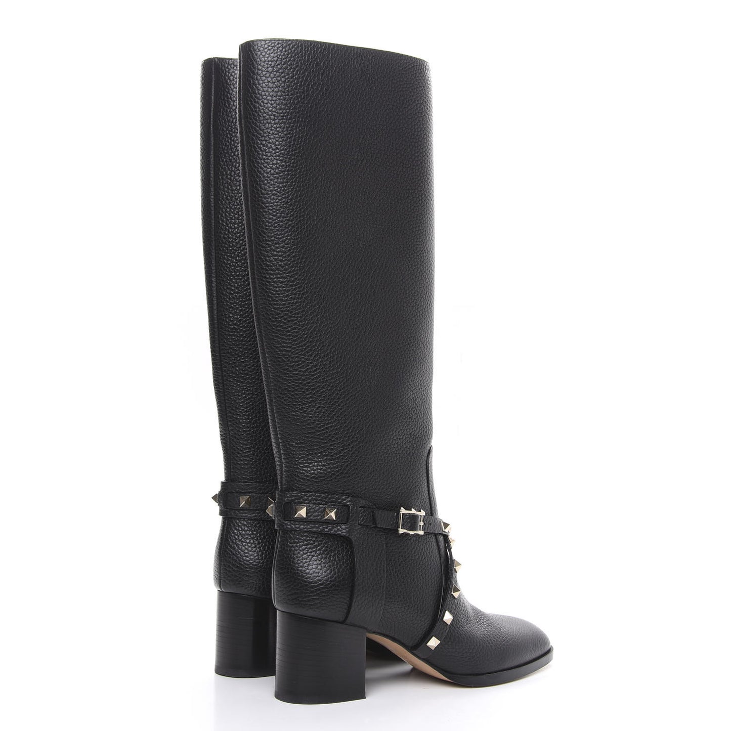 Pebbled Calfskin Rockstud Knee High Block Heel 60mm Boots 37 Black