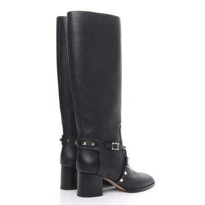 Valentino Garavani Pebbled Calfskin Rockstud Knee High Block Heel 60mm Boots 37 Black 4 of 7