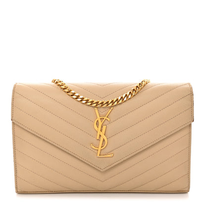 Saint Laurent Grain De Poudre Matelasse Chevron Monogram Chain Wallet Deep Beige 1 of 11