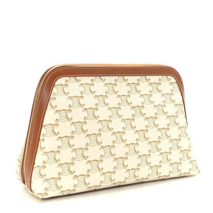 Celine Triomphe Canvas Calfskin Large Cosmetic Pouch White Tan 3 of 7