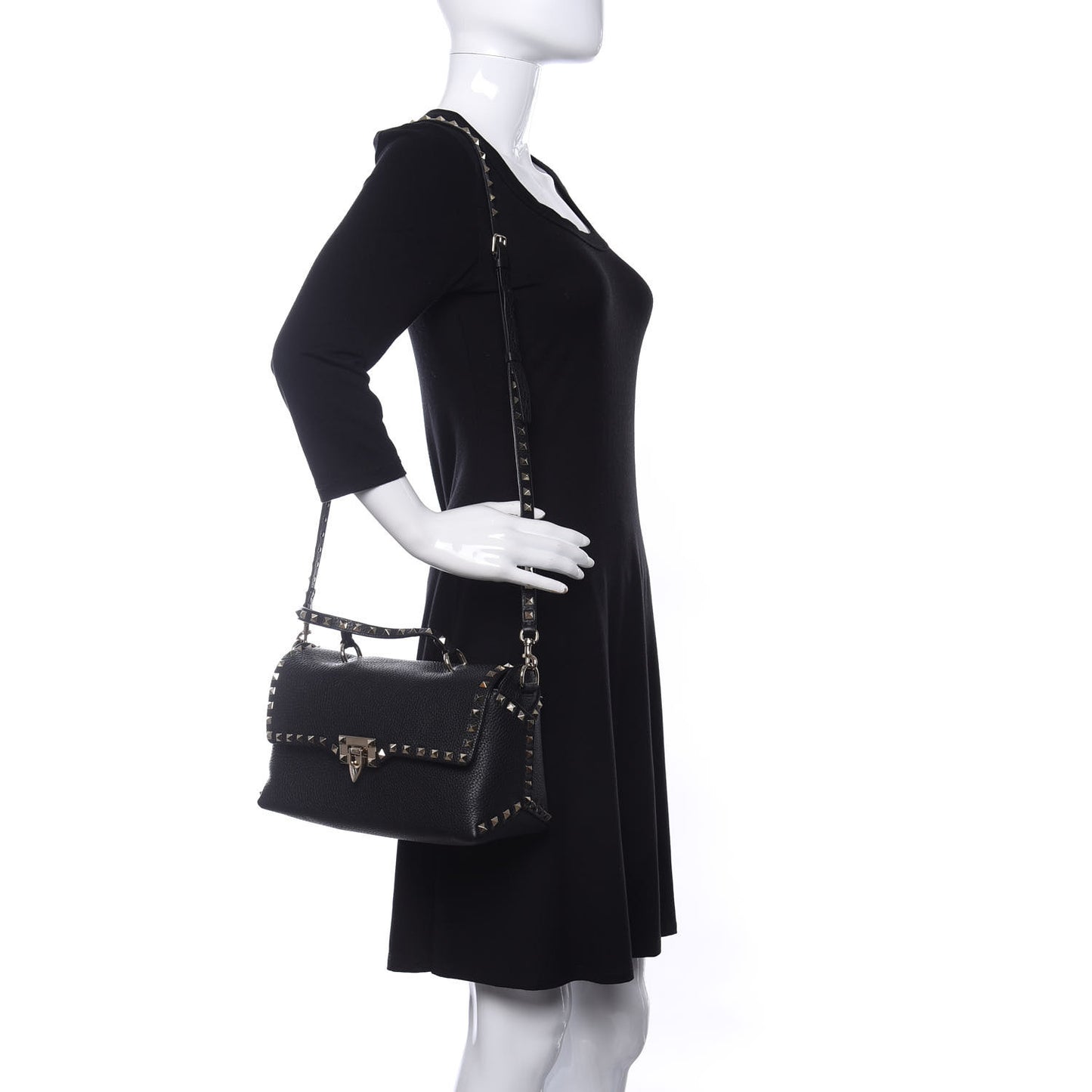 Pebbled Calfskin Rockstud Single Handle Flap Bag Black