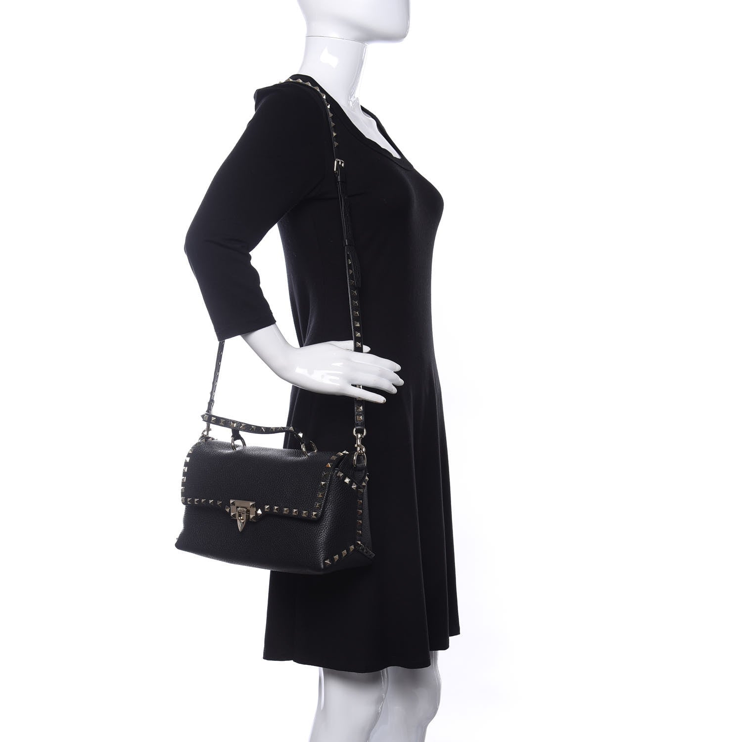Valentino Garavani Pebbled Calfskin Rockstud Single Handle Flap Bag Black 2 of 9