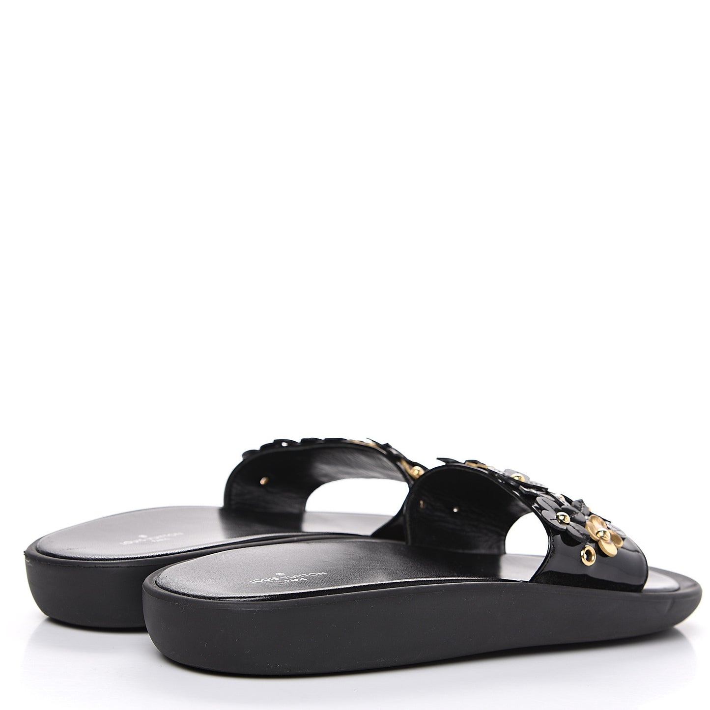 Patent Sunbath Flower Slide Sandals 37 Black