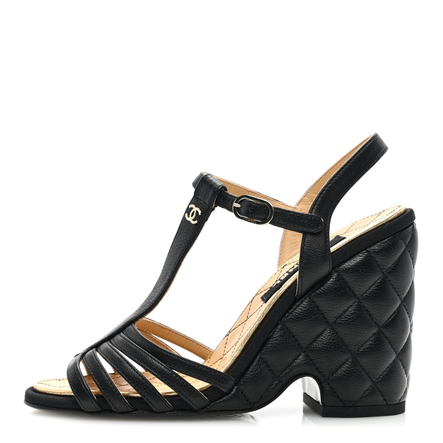 Grained Calfskin Quilted Wedge Sandals 35 Black
