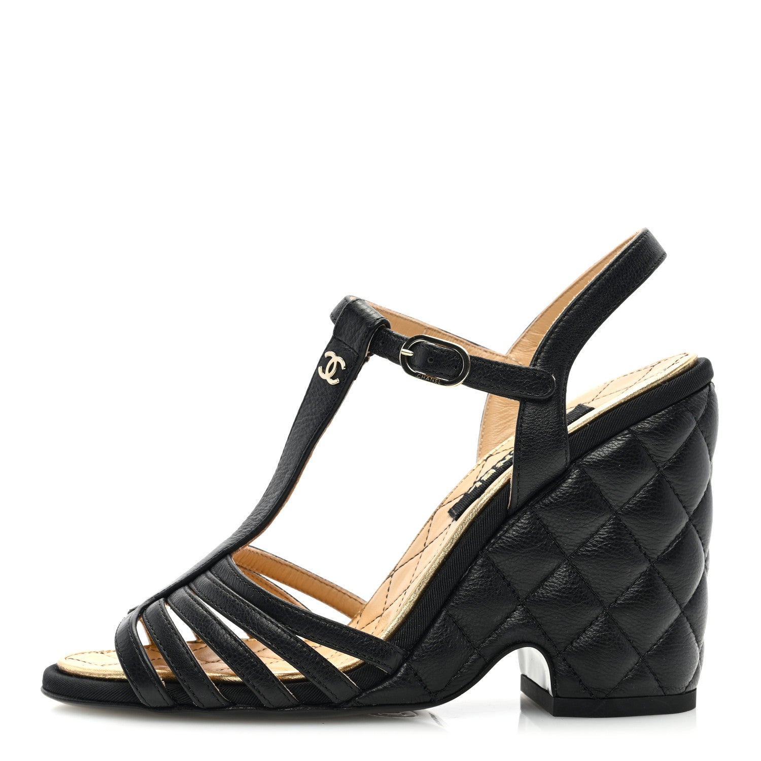 Chanel Grained Calfskin Quilted Wedge Sandals 35 Black 1 of 8