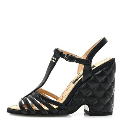 Chanel Grained Calfskin Quilted Wedge Sandals 35 Black 1 of 8