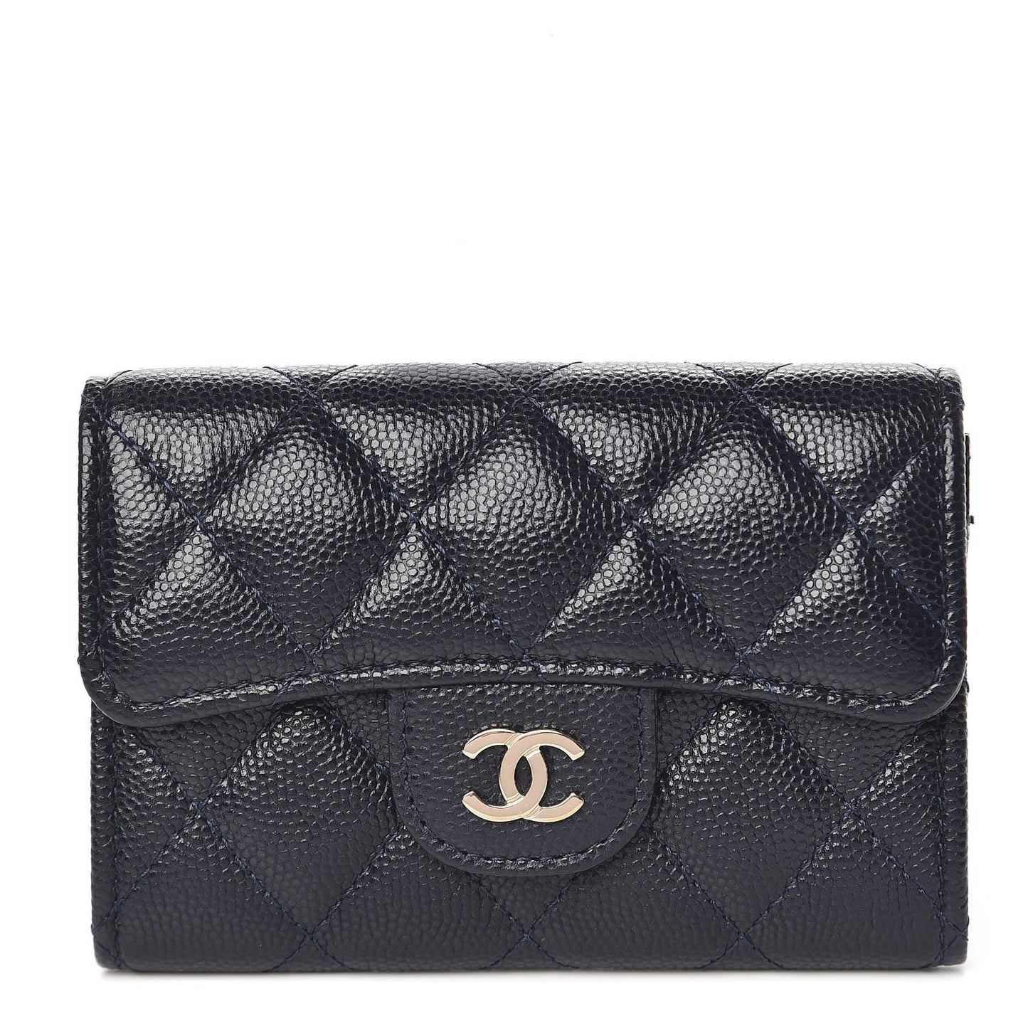 Caviar Quilted Flap Card Holder Wallet Navy Blue