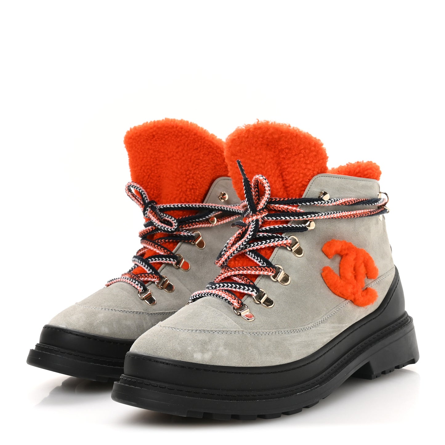 Suede Calfskin Shearling CC Lace Up Boots 40.5 Grey Orange Black