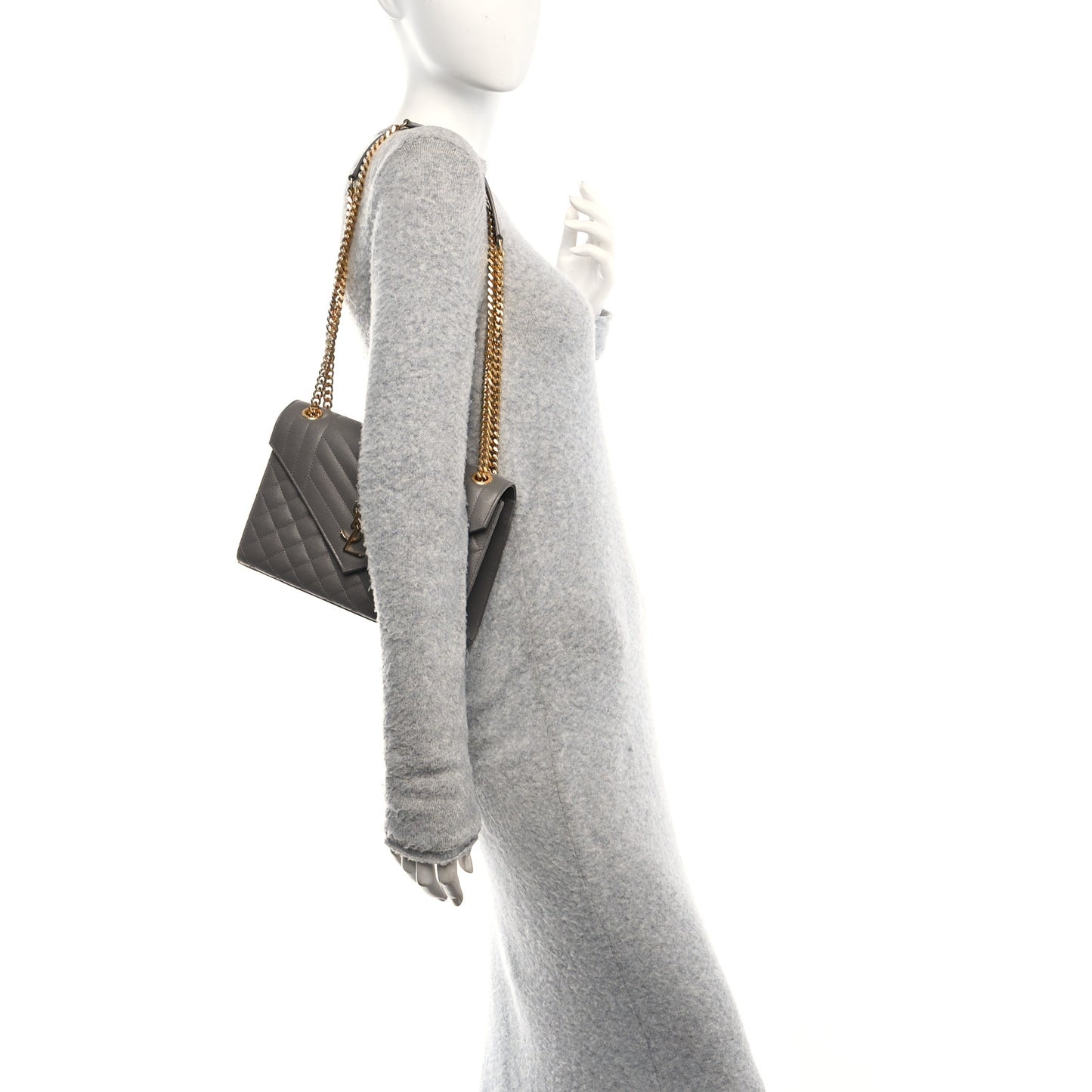 Grain De Poudre Textured Mixed Matelasse Medium Triquilt Monogram Satchel Fog