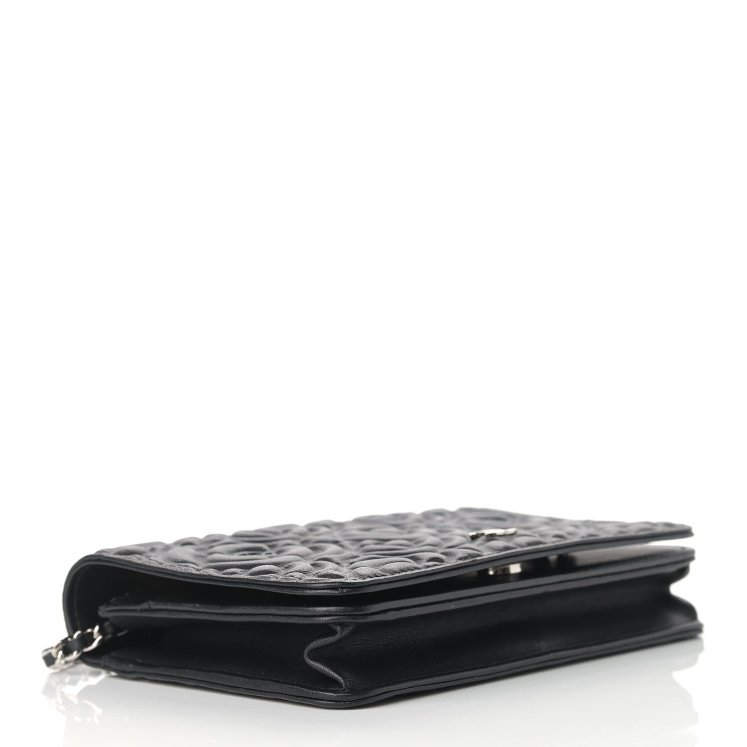 Chanel Lambskin Camellia Embossed Wallet on Chain WOC Black 4 of 11