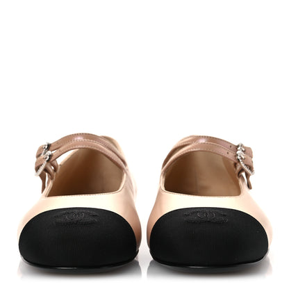 Chanel Lambskin Grosgrain Pearl Mary Jane Flats 39 Beige Black 3 of 11