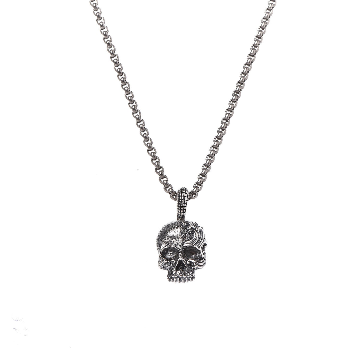 Sterling Silver 2.7mm Box Chain Skull Wave Pendant Necklace