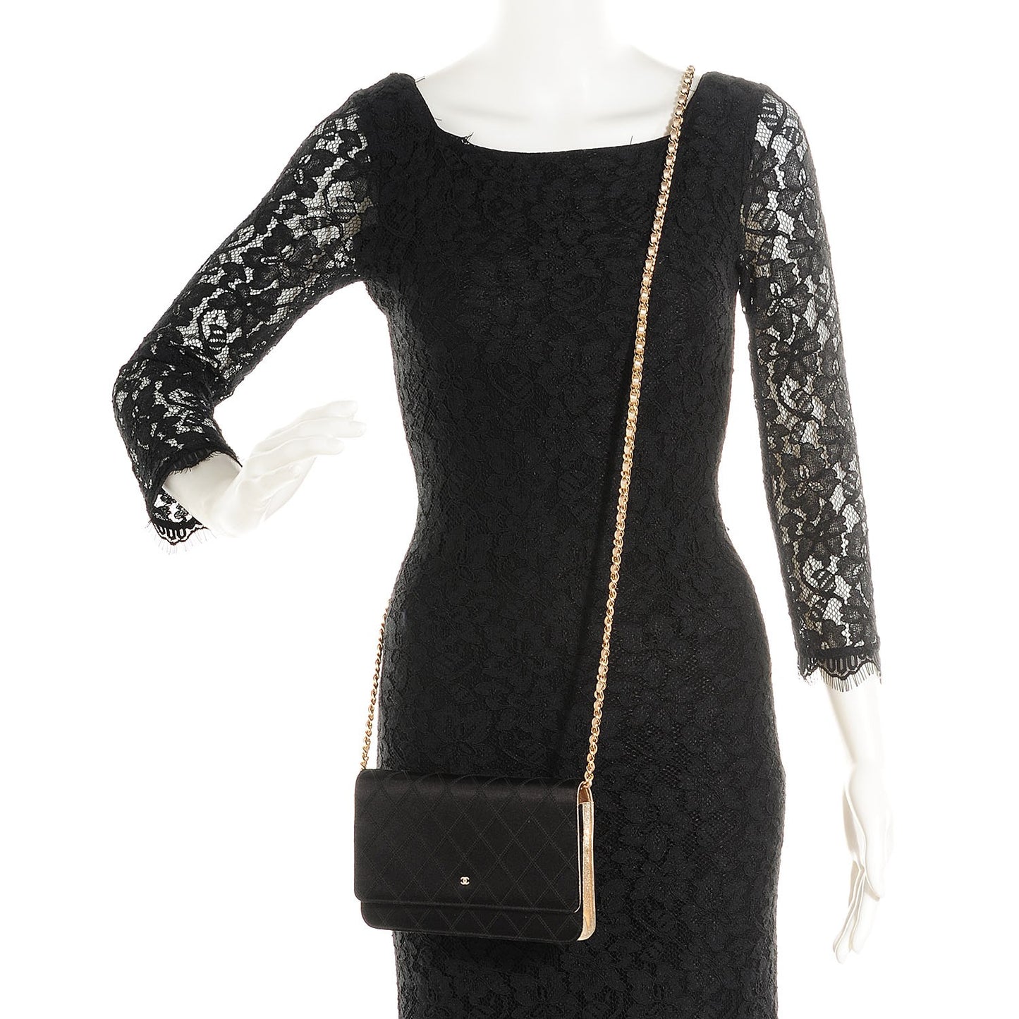 Satin Diamond Stitch Wallet On Chain WOC Black Gold