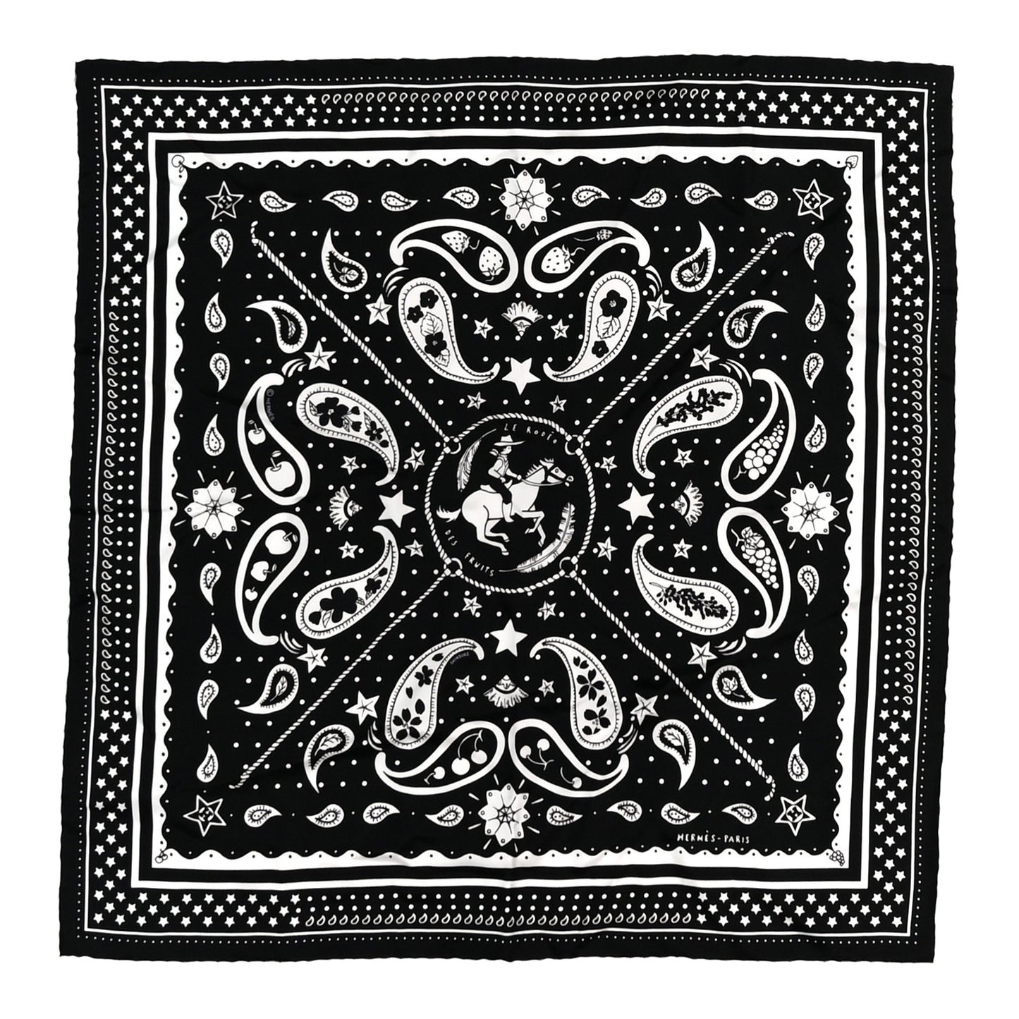 Silk Le Rodeo des Fruits Bandana Scarf 55 Black White