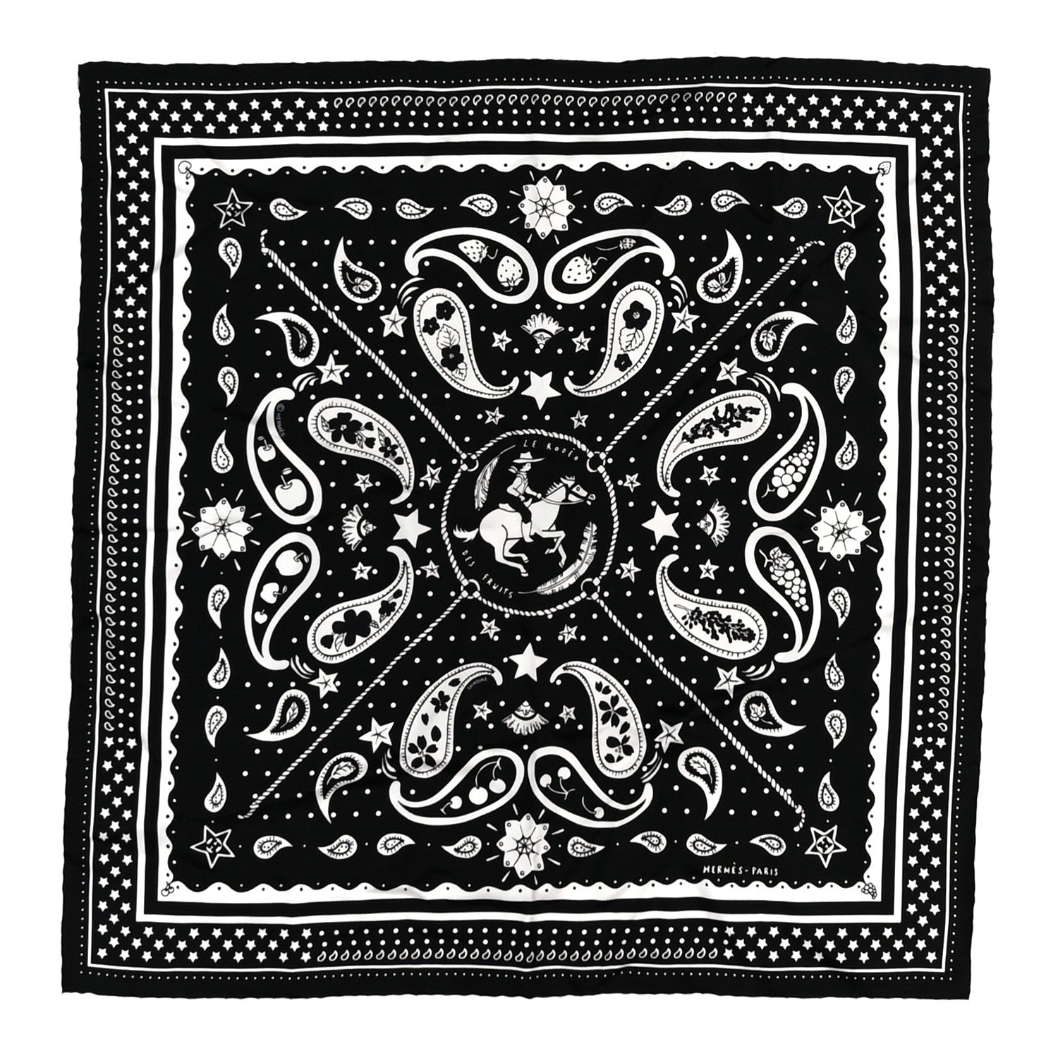 Hermes Silk Le Rodeo des Fruits Bandana Scarf 55 Black White 1 of 5