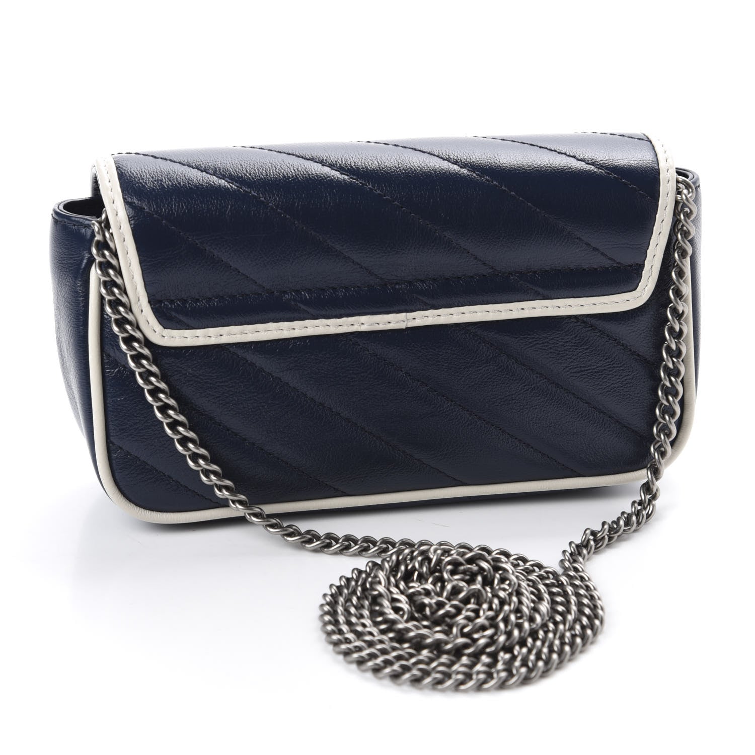 Gucci Vintage Effect Calfskin Matelasse Diagonal Super Mini Torchon GG Marmont Shoulder Bag Blue Agata Mystic White 3 of 12