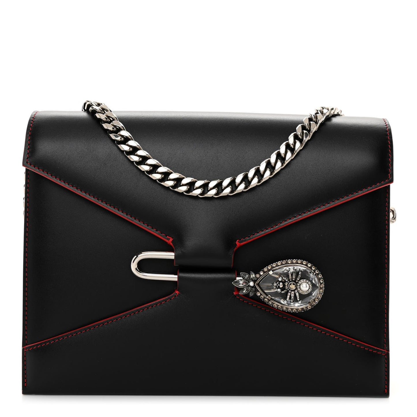 Calfskin Crystal Pin Envelope Satchel Black