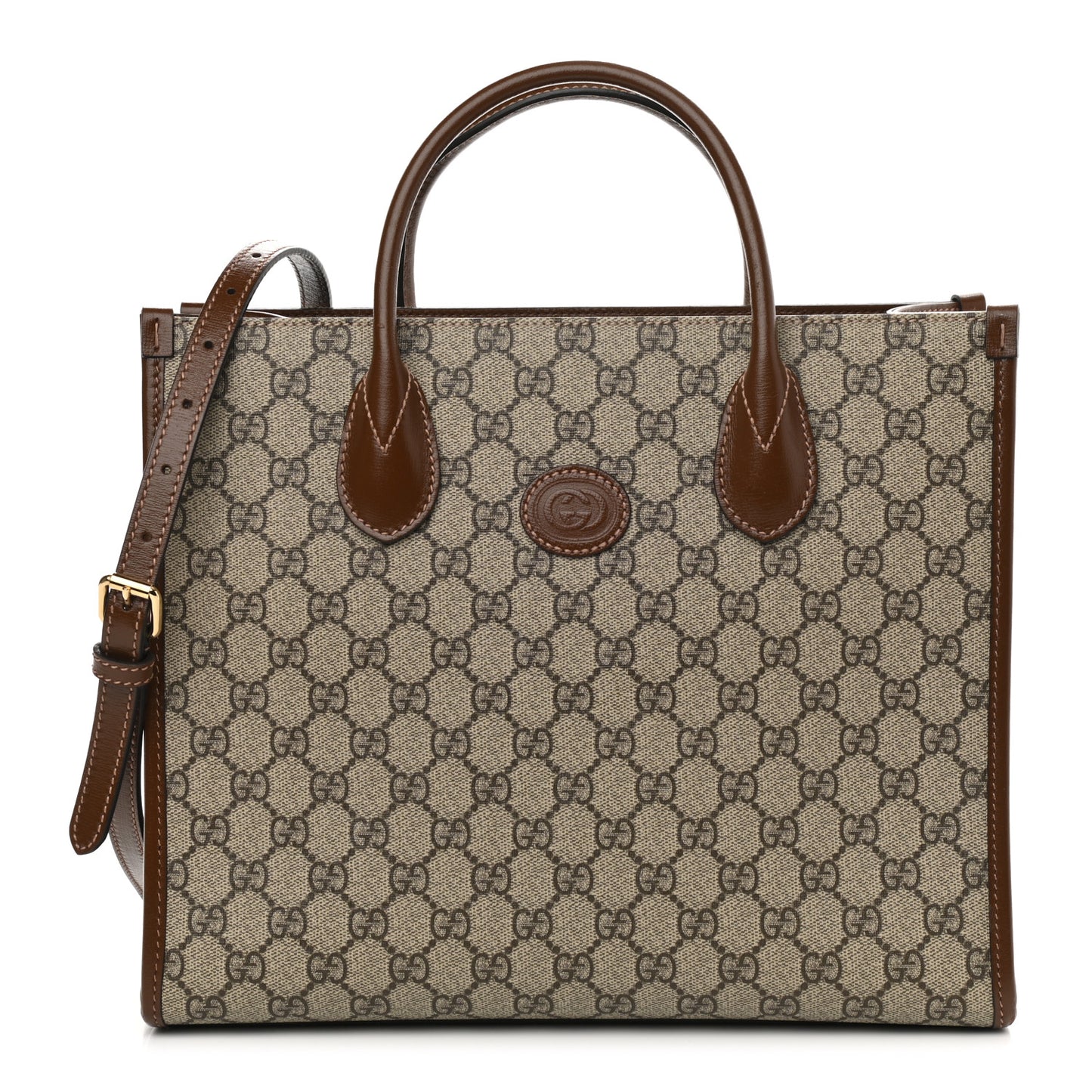 GG Supreme Monogram Azalea Calfskin Small Retro Interlocking G Tote Bag Beige Ebony Brown Sugar