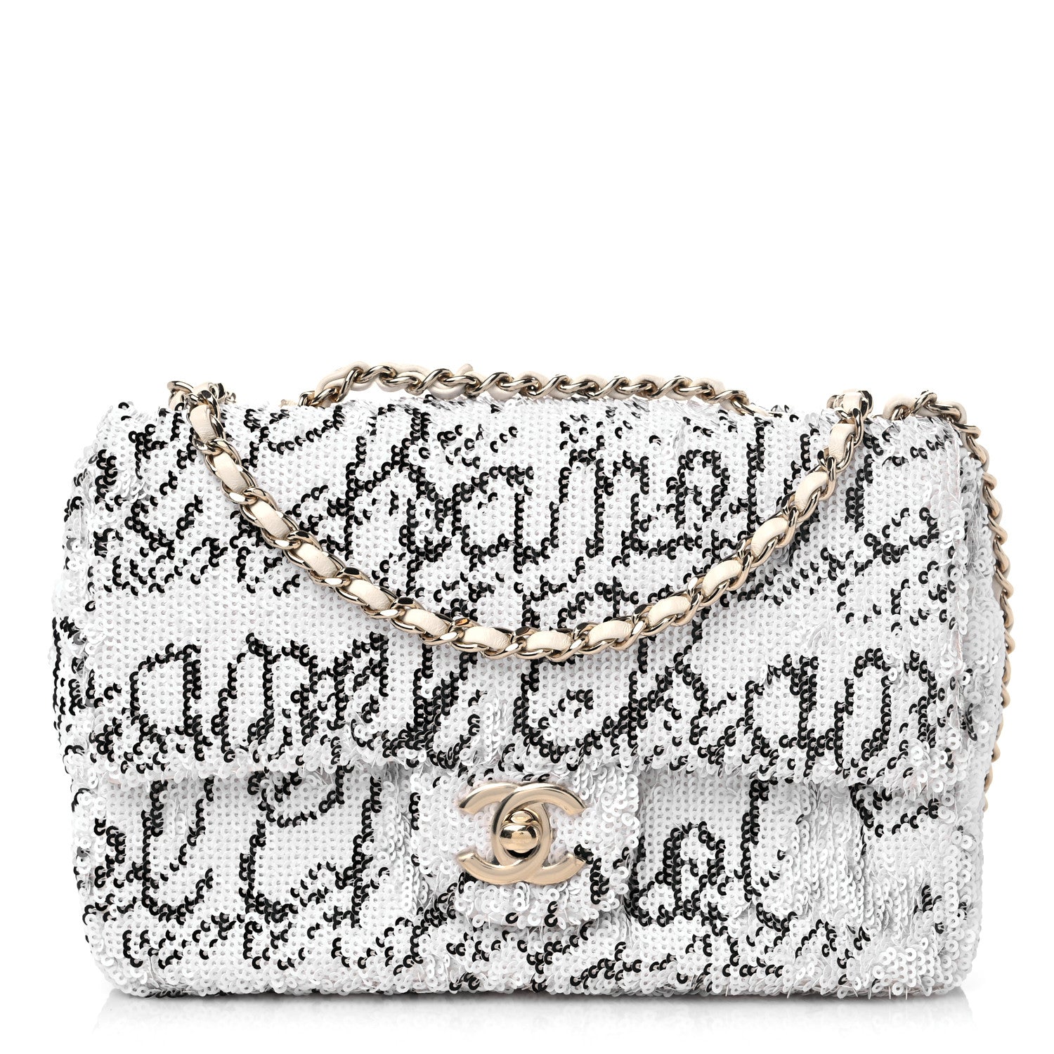 Chanel Sequin Logo Mini Rectangular Flap White Black 1 of 11