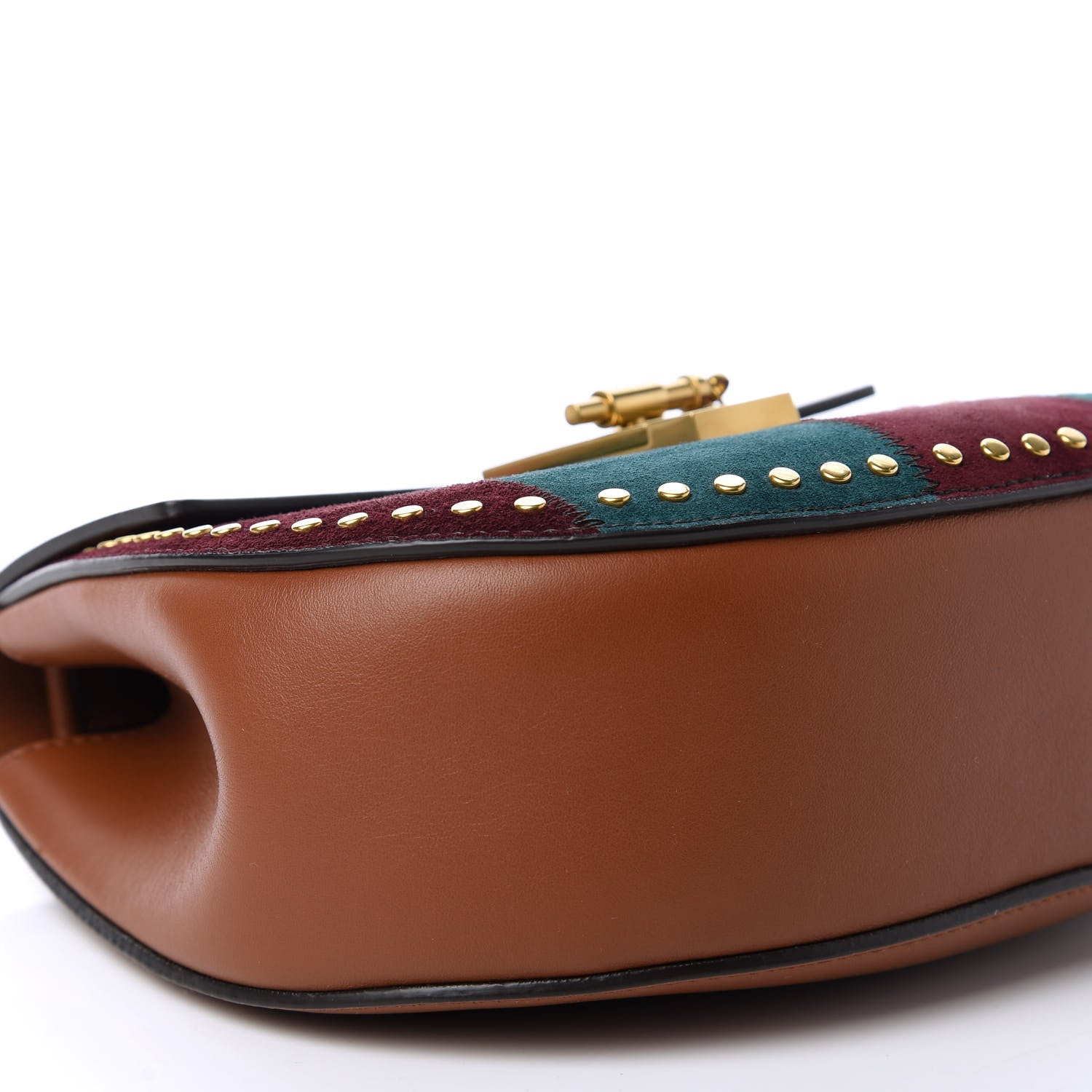Chloe Suede Calfskin Striped Patchwork Studded Drew Shoulder Bag Caramel Multicolor 6 of 9