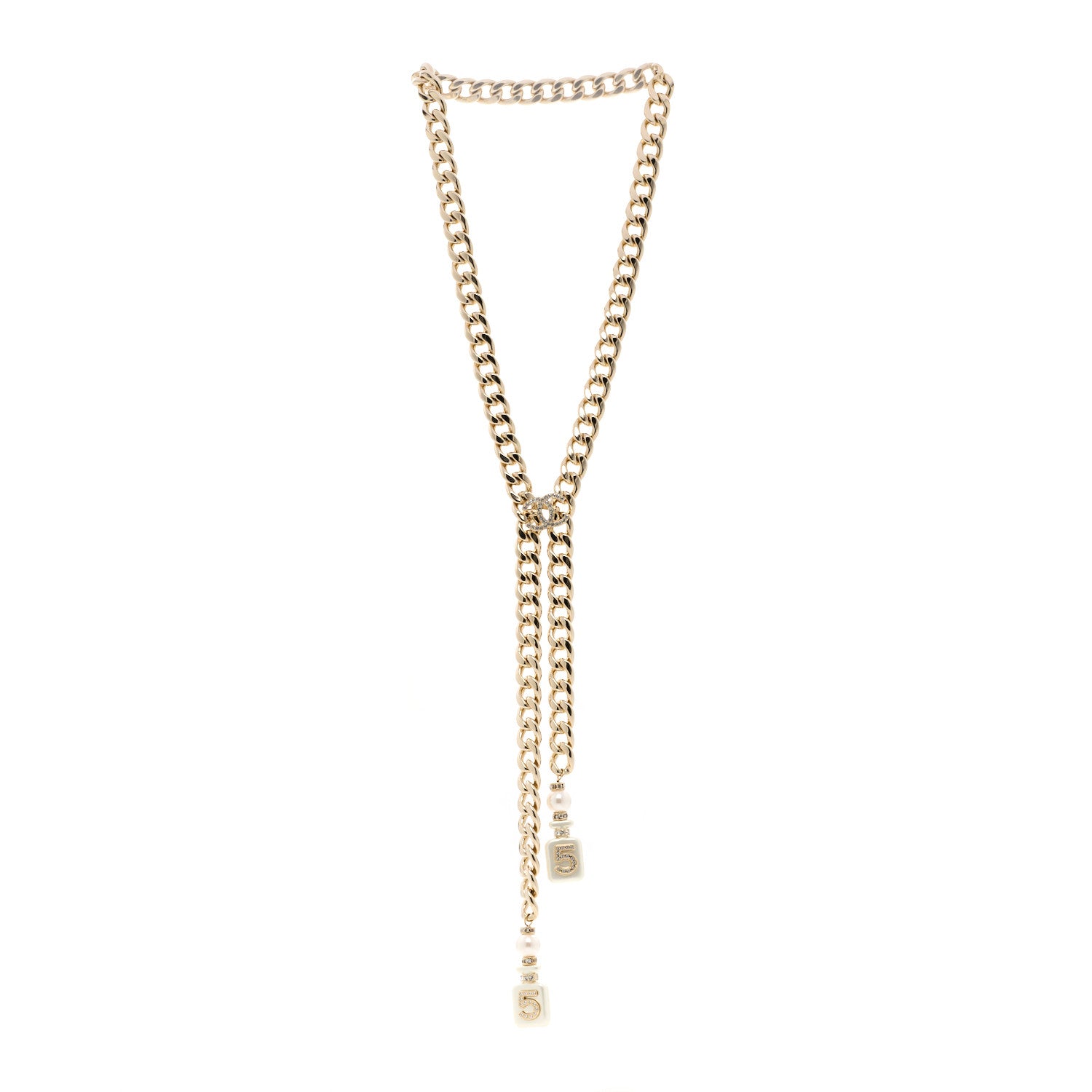 Chanel Pearl Resin Crystal CC No 5 Perfume Bottle Chain Gold 3 of 7