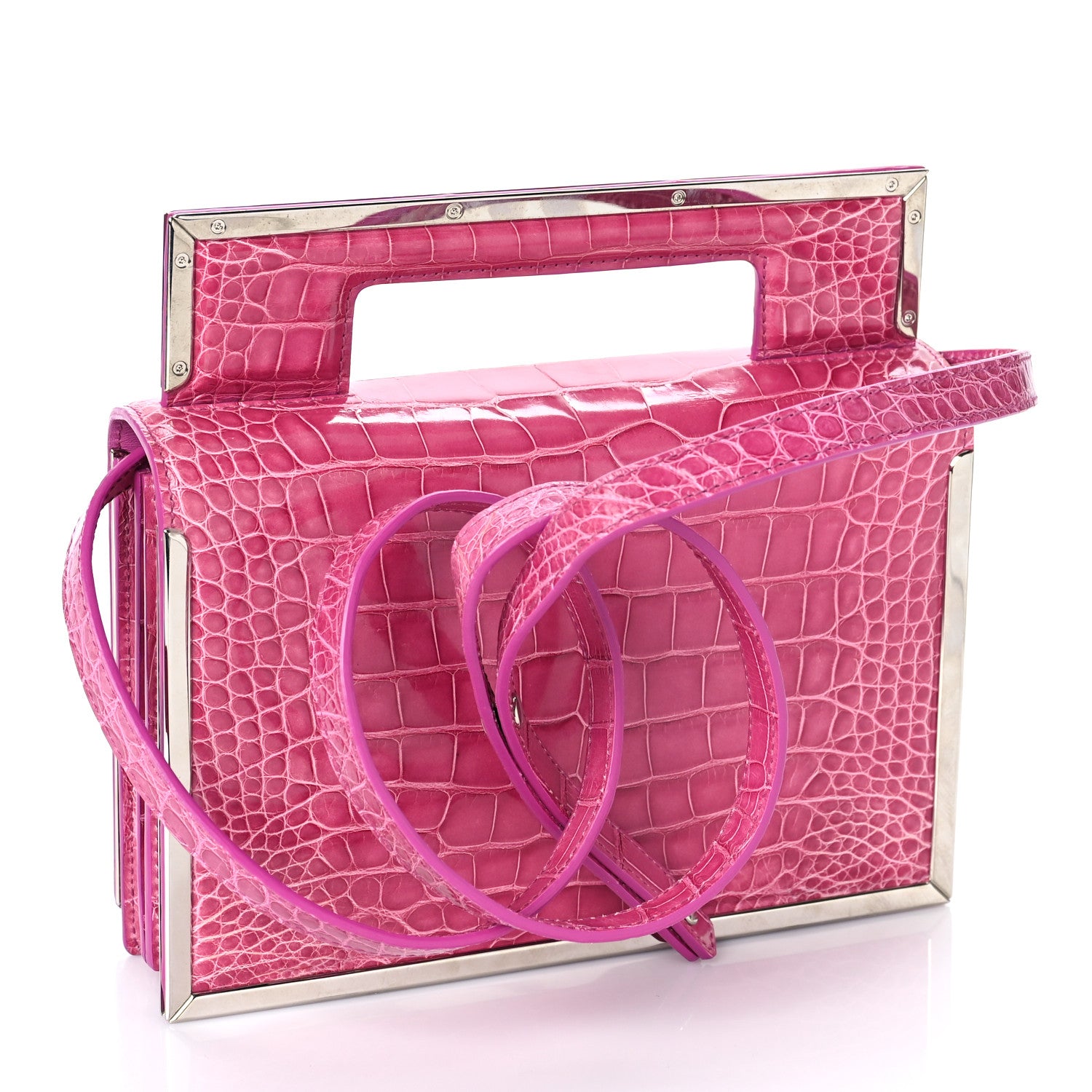 Salvatore Ferragamo Crocodile Bar Clutch Crossbody Bag Pink 3 of 10