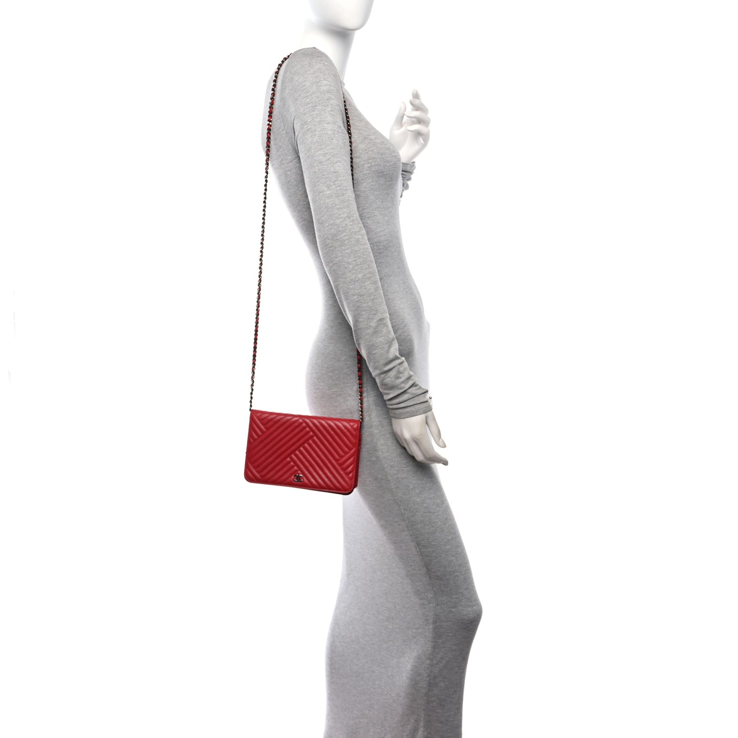 Lambskin Quilted CC Crossing Wallet On Chain WOC Red