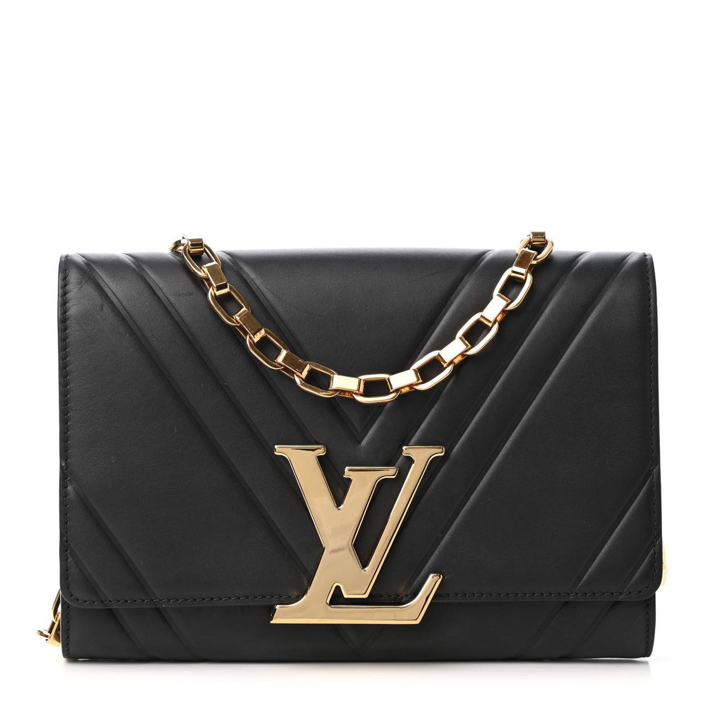 Calfskin Airy V Embossed Pochette Chain Louise GM Black