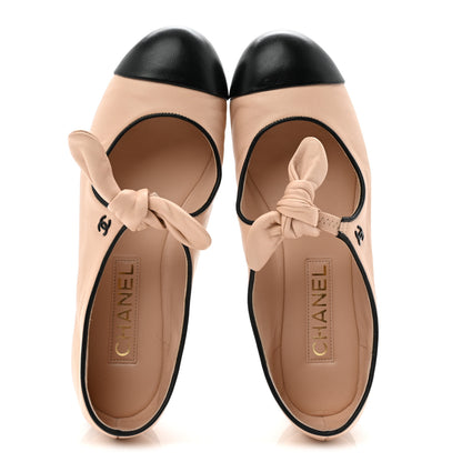 Chanel Lambskin Bow Mary Jane Flats 37 Beige Black 5 of 9