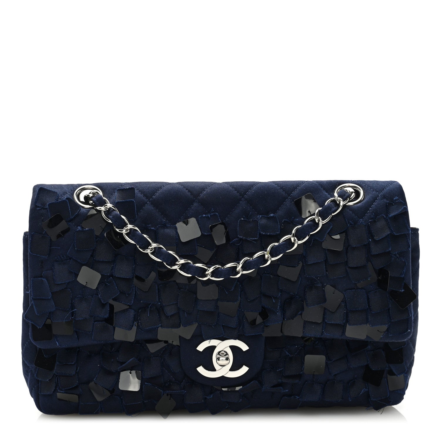 Chanel Satin Paillette Sequin Quilted Medium Single Flap Navy 1 of 9
