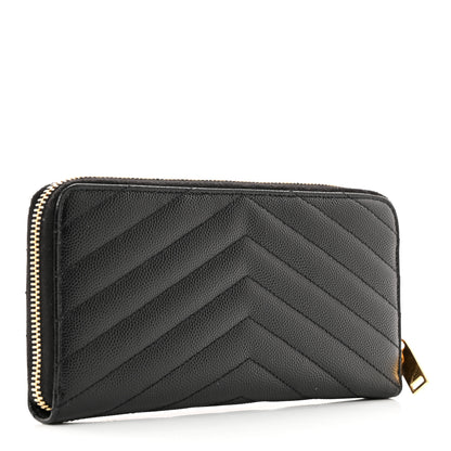 Saint Laurent Grain De Poudre Matelasse Chevron Monogram Zip Around Wallet Black 3 of 10