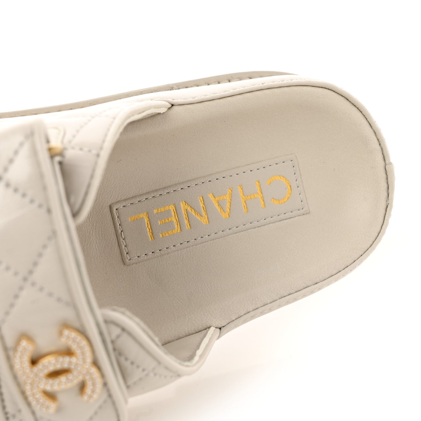 Shiny Calfskin Pearl Quilted Velcro Dad CC Slide Sandals 39 Light Beige