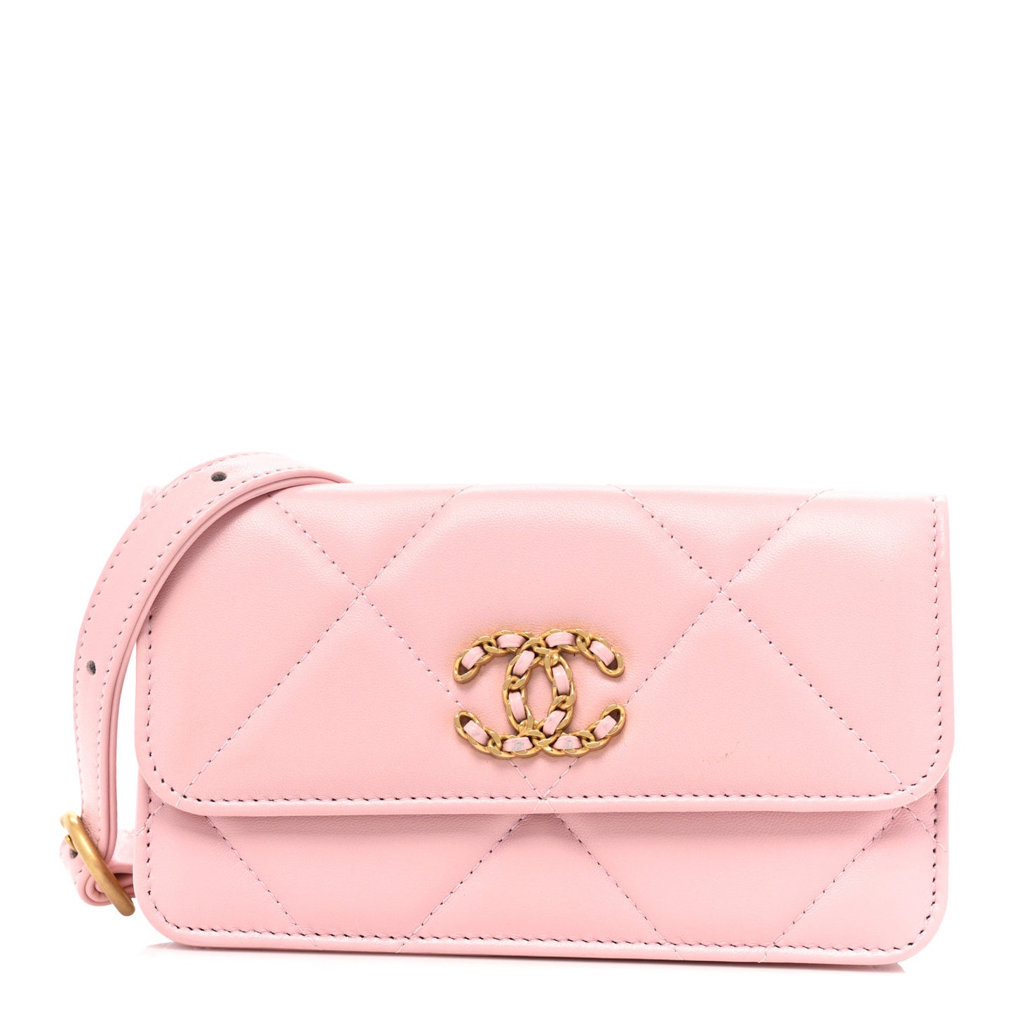 Lambskin Quilted Chanel 19 Belt Phone Holder Bag Pink