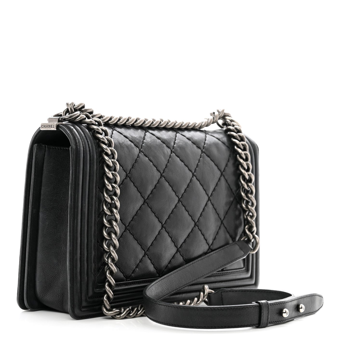 Calfskin Quilted Double Stitch New Medium Boy Flap Black