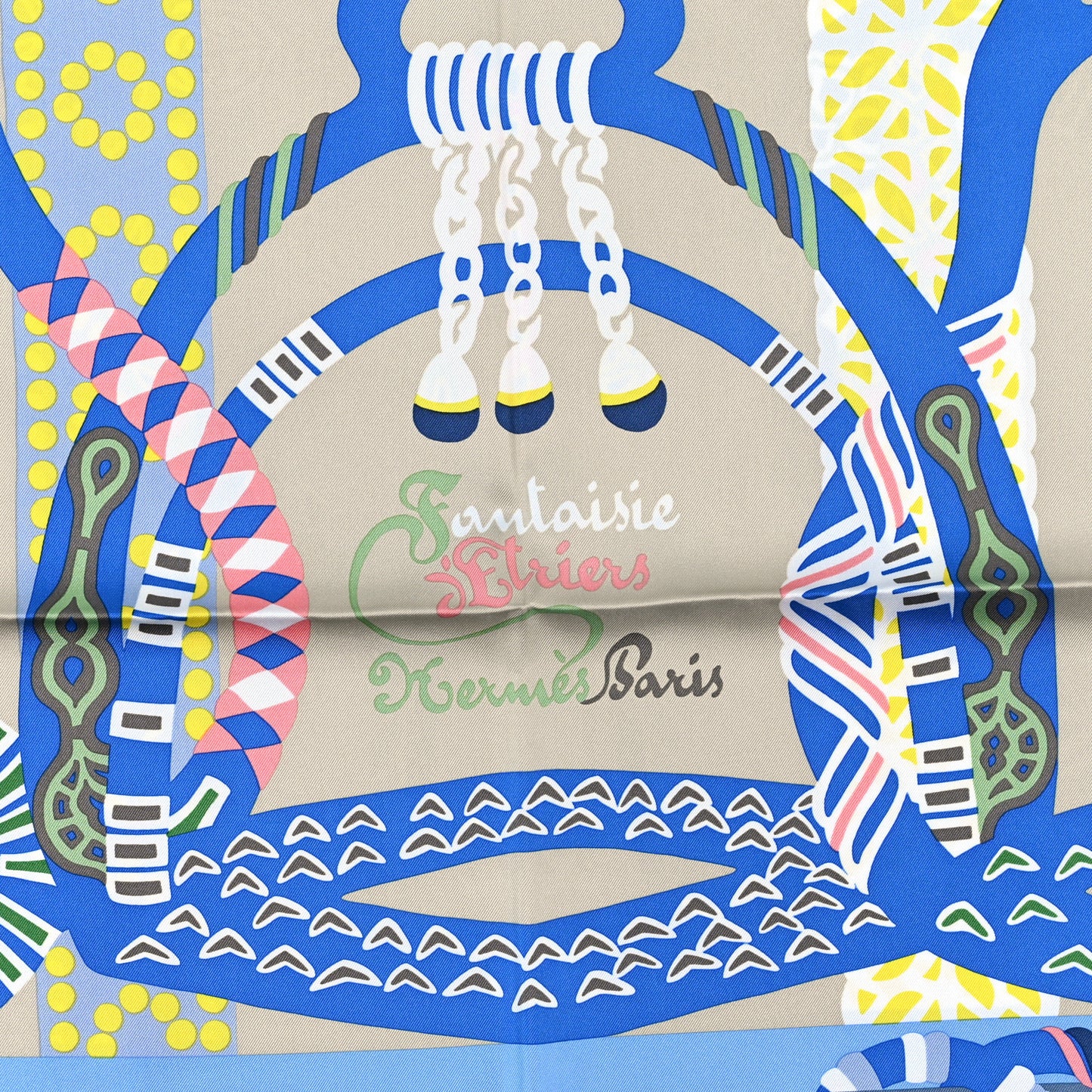 Silk Fantaisie D'etriers Scarf 90 Bleu Jaune Vert Amande