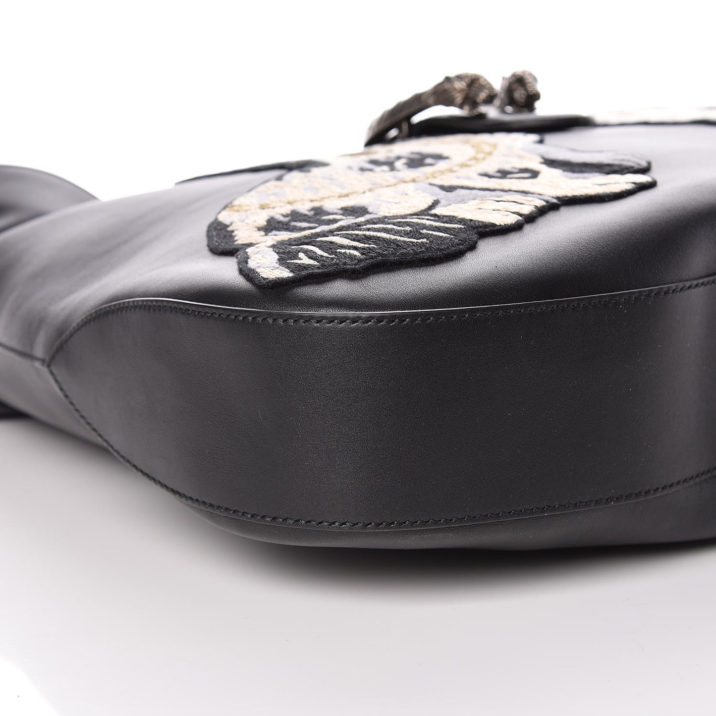 Calfskin Web Dog Embroidered Large Dionysus Hobo Black
