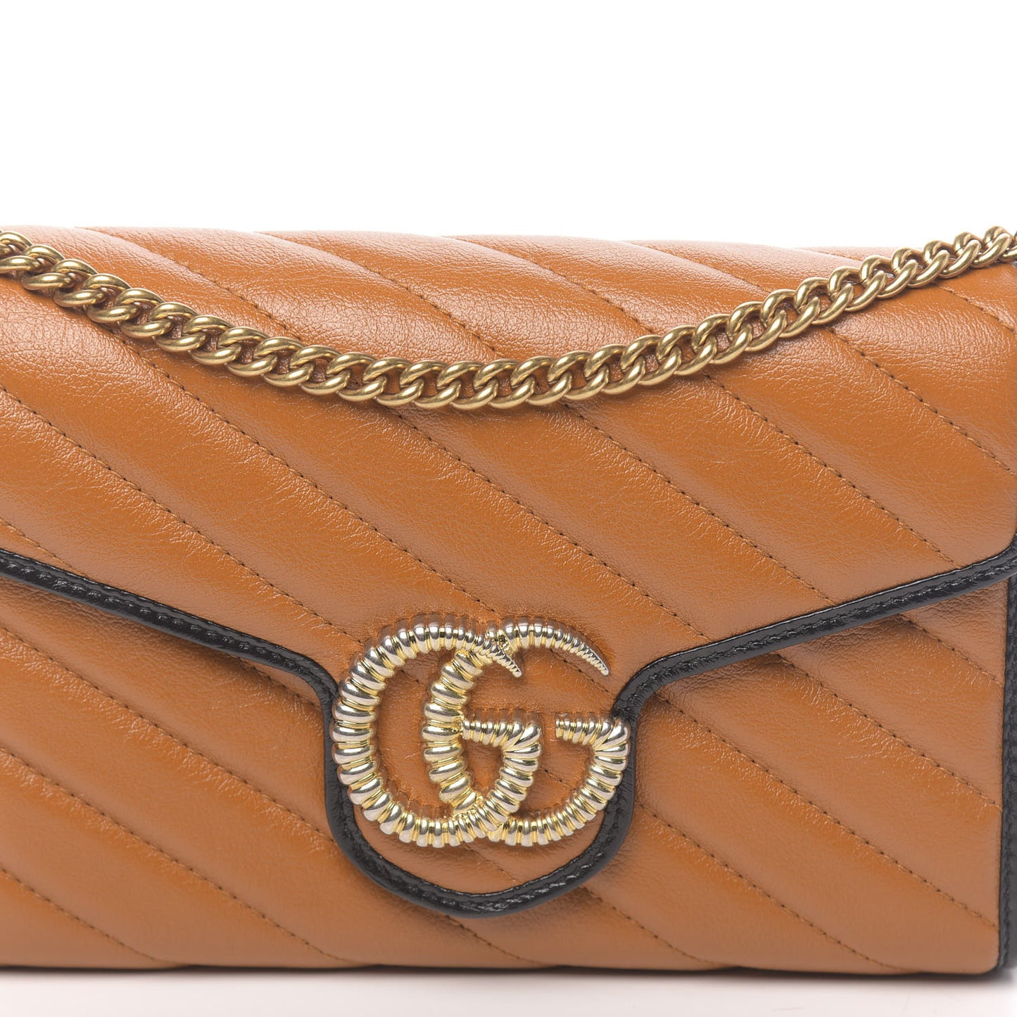 Vintage Effect Calfskin Matelasse Diagonal Torchon GG Marmont Chain Wallet Cognac