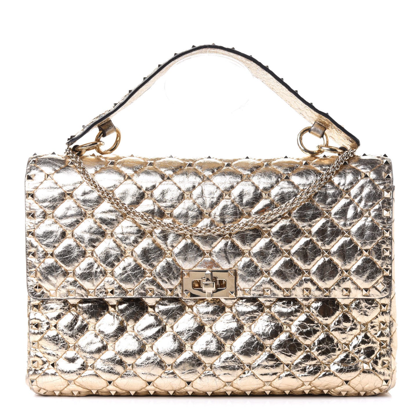 Metallic Wrinkled Lambskin Large Rockstud Spike Shoulder Bag Mekong
