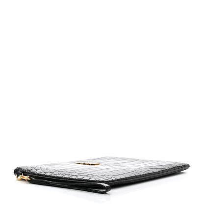 Saint Laurent Calfskin Crocodile Embossed Tablet Pouch Black 4 of 7