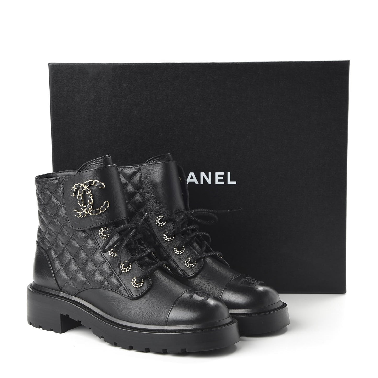 Shiny Goatskin Calfskin Quilted Lace Up Combat Boots 38.5 Black