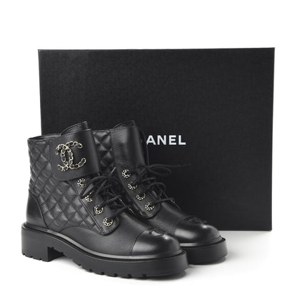 Chanel Shiny Goatskin Calfskin Quilted Lace Up Combat Boots 38.5 Black 9 of 9